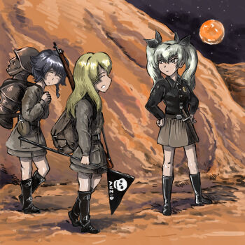 anchovy_(girls_und_panzer) anzio_military_uniform benito_mussolini black_shirt carcano_m91/38 carpaccio_(girls_und_panzer) fascist fascisti_su_marte flag girls_und_panzer highres mars_(planet) md5_mismatch pepperoni_(girls_und_panzer) planet resolution_mismatch shirt source_larger space star_(sky) statue tomoboshi upper_body weapon_request