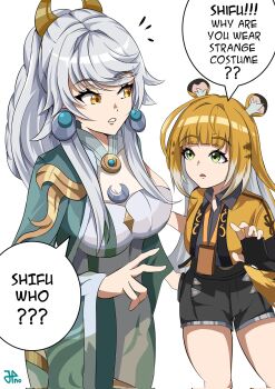 2girls animal_ears black_gloves black_shirt blonde_hair commentary cropped_jacket dragon_girl dragon_horns elbow_gloves english_commentary fingerless_gloves genshin_impact gloves green_eyes grey_hair highres horns jacket jpno ju_fufu mihoyo multiple_girls shirt sidelocks tail tiger_ears tiger_girl tiger_tail white_hair yellow_jacket zenless_zone_zero zibai_(genshin_impact)