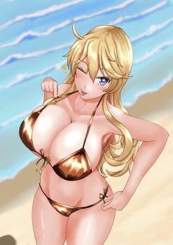 1girl absurdres adjusting_clothes adjusting_swimsuit beach bikini blonde_hair blue_eyes blush breasts cleavage collarbone commentary_request eyelashes from_above front-tie_bikini_top front-tie_top gold_bikini groin highres huge_breasts iowa_(kancolle) kantai_collection long_hair looking_at_viewer navel notice_lines one_eye_closed sand side-tie_bikini_bottom skindentation smile solo star-shaped_pupils star_(symbol) strap_pull swimsuit symbol-shaped_pupils thighs tongue tongue_out water waves yasakae_(coumin_c)