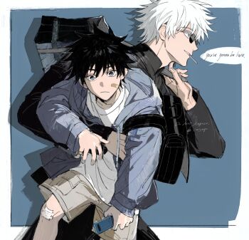 2boys aged_down backpack bag bandaid bandaid_on_face black_bag black_hair black_jacket blue_background blue_eyes blue_hoodie border carrying carrying_person cellphone child closed_mouth english_text flip_phone fushiguro_megumi gauze_on_knee glasses gojou_satoru grey_shorts highres holding holding_phone hood hoodie jacket jujutsu_kaisen laoyepo lollipop_in_mouth long_sleeves looking_at_viewer male_focus multiple_boys outside_border phone round_eyewear shirt short_hair shorts shoulder_bag simple_background speech_bubble walking white_border white_hair white_shirt