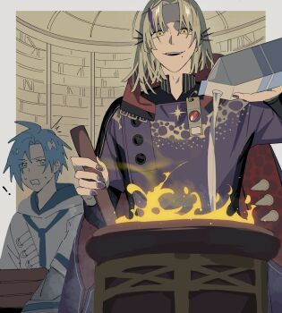 alchemy blonde_hair blue_hair cauldron drink_carton ear_piercing highres holostars holostars_english hood hoodie magni_dezmond male_focus milk milk_carton mole mole_under_mouth multicolored_hair multiple_boys piercing potion purple_hair purple_robe regis_altare robe salmon_tan shaded_face short_hair smile stirring streaked_hair virtual_youtuber yellow_eyes