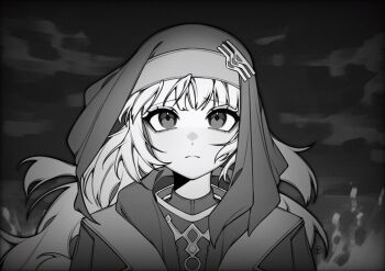 1girl arknights closed_mouth coat floating_hair frown greyscale highres limbus_company long_hair mayors_(project_moon) monochrome ocean outdoors project_moon sad sidelocks solo suillus upper_body veil water