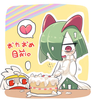 ... bags_under_eyes cake colored_skin food food_on_hair gen_3_pokemon gen_8_pokemon green_hair hair_over_one_eye heart highres horns ino_(tellu0120) kirlia multicolored_skin nintendo open_mouth pastry_bag pokemon pokemon_(creature) raboot red_eyes sidelocks simple_background translation_request two-tone_skin white_fur white_skin