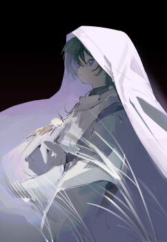 1boy arm_at_side armor black_background black_hair black_sash clothing_cutout eyelashes eyeliner eyeshadow feathers from_side genshin_impact grass highres japanese_armor japanese_clothes kariginu kimono kote kurokote long_sleeves looking_up makeup male_focus parted_lips pom_pom_(clothes) purple_eyes purple_kimono purple_sleeves purple_veil red_eyeliner red_eyeshadow sash scaramouche_(genshin_impact) scaramouche_(kabukimono)_(genshin_impact) shoulder_cutout sideways_mouth solo string tsurime two-sided_veil upper_body uwunaoo veil white_sleeves white_veil wispy_bangs yellow_feathers