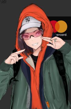 bladee brown_hair eyewear_on_head gang_sign hat highres hood hoodie hot joeyy_(rapper) non-web_source orange_hoodie pale_skin sunglasses swedish_clothes what