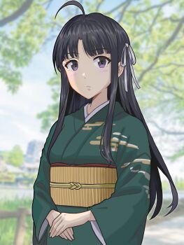 1girl ahoge awa_subaru black_hair blurry blurry_background closed_mouth commentary_request girls_band_cry green_kimono hair_ribbon highres japanese_clothes kimono long_hair macqueen7777 obi own_hands_together parted_bangs purple_eyes ribbon sash sidelocks solo tree white_ribbon