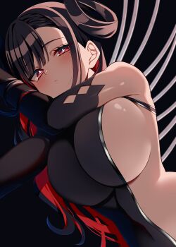 Rule 34 | + +, 1girl, absurdres, black hair, black tabard, blush, breasts, bright pupils, closed mouth, colored inner hair, commentary request, cross-shaped pupils, elbow gloves, gloves, hair horns, hair rings, highres, huge breasts, kaoru (h8qm9), kuniruri natsuki, large breasts, long hair, mole, multicolored hair, naked tabard, nue no onmyouji, red eyes, red hair, sideboob, single breast curtain, solo, star-shaped pupils, star (symbol), symbol-shaped pupils, tabard