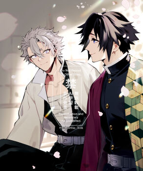 2boys absurdres alternate_hairstyle bandages black_hair black_jacket black_pants blue_eyes buttons closed_mouth demon_slayer_uniform gold_buttons grey_hair haori high_collar highres jacket japanese_clothes kikkoumon kimetsu_no_yaiba ku_metsu_3cm looking_at_another male_focus multiple_boys open_clothes open_jacket pants print_haori profile purple_eyes red_haori shinazugawa_sanemi short_hair sitting smile spiked_hair tomioka_giyuu