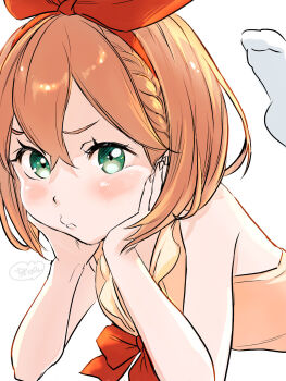 1girl :t anpon_aji blush bow bow_hairband braid closed_mouth dress green_eyes hair_between_eyes hair_ribbon hairband hands_on_own_cheeks hands_on_own_face head_rest highres looking_at_viewer lying on_stomach orange_hair petra_leyte pout re:zero_kara_hajimeru_isekai_seikatsu red_bow red_hairband red_ribbon ribbon short_hair signature sleeveless socks solo the_pose white_background