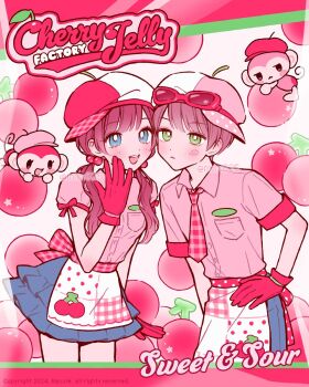1boy 1girl animal apron blue_eyes blue_pants blue_skirt blush bow bright_pupils brown_hair cherry collared_shirt commentary_request cowboy english_text fashion food food-themed_clothes frilled_skirt frills fruit gingham_bow gingham_necktie gloves goggles goggles_on_headwear green_eyes hair_bobbles hair_ornament hat heisei_retro highres korean_commentary long_hair low_twintails matching_outfits monkey mxx025 necktie original pants patchwork_clothes pink_shirt polka_dot red_bow red_gloves red_necktie shirt short_hair skirt twintails wavy_hair western white_pupils