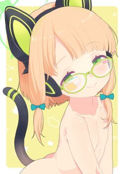 1girl animal_ear_headphones animal_ears ass blonde_hair blue_archive blue_bow blush bow cat_ear_headphones cat_ears cat_tail closed_mouth collarbone completely_nude fake_animal_ears fake_tail flat_chest glasses green_eyes green_halo hair_bow half-closed_eyes halo headphones loli looking_at_viewer midori_(blue_archive) nipples nude ribbon saga_inu short_hair smile solo tail upper_body yellow_background