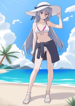1girl beach bikini blue_sky breasts cleavage clothes_around_waist cloud commentary_request contrapposto front-tie_bikini_top front-tie_top full_body girls'_frontline grey_hair hat highleg highleg_bikini highres horizon layered_bikini light_rays long_hair medium_breasts mountain multicolored_hair navel ocean palm_tree pink_eyes pink_hair sandals sky solo streaked_hair sun_hat sweater sweater_around_waist swimsuit t-cms_(girls'_frontline) takanacy tree two-tone_hair very_long_hair white_background white_bikini white_hat white_sandals