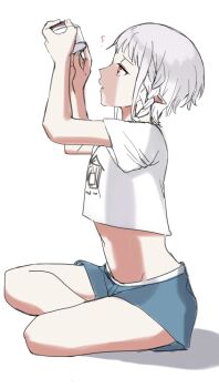 1boy ? androgynous arms_up blue_shorts braid commentary cropped_shirt elf_boy_(sunaba_(nczd5875)) from_side full_body grey_hair holding holding_jar indian_style jar looking_at_object looking_up male_focus medium_hair midriff navel nose original parted_lips pointy_ears print_shirt profile red_eyes shadow shirt short_shorts short_sleeves shorts side_braid sidelocks simple_background sitting solo sunaba_(nczd5875) t-shirt trap white_background
