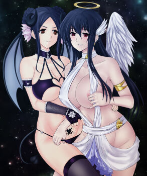 2girls angel angel_wings beatrix_bremer black_hair braid breasts brown_eyes crown_braid demon_wings devil flower green_kaminari hair_flower hair_ornament highres large_breasts long_hair multiple_girls muv-luv muv-luv_alternative pham_thi_ran red_eyes schwarzesmarken tail underboob wings