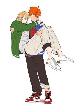 Rule 34 | 2boys, :o, ahoge, akehoshi subaru, arms around neck, bad id, bad twitter id, black pants, blonde hair, blue eyes, blue jacket, bright pupils, carrying, carrying person, eizi, ensemble stars!, fingernails, full body, green jacket, hair between eyes, hand on another's back, hand on another's thigh, high tops, highres, jacket, long sleeves, looking ahead, looking to the side, louis vuitton (brand), male focus, male underwear, male underwear peek, multiple boys, nike (company), open clothes, open jacket, open mouth, orange hair, pale skin, pants, pants rolled up, pants tucked in, parted lips, princess carry, profile, red shirt, red shoes, shadow, shirt, shoes, short hair, simple background, sleeves past wrists, sneakers, standing, swept bangs, tenshouin eichi, track jacket, two-sided fabric, two-sided pants, two-sided shirt, underwear, very short hair, white background, white pants, white pupils, white shirt, white shoes