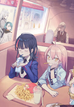 3boys 5girls absurdres ahoge beard black_hair blonde_hair bow cheek_rest closed_eyes cup daisi_gi diner disposable_cup drinking drinking_straw facial_hair facial_scar fate/requiem fate_(series) fedora food food_in_mouth french_fries galahad_alter_(fate) green_hair grey_hair hairband hat highres karin_(fate) kijo_kouyou_(fate) koharu_f_riedenflaus lucius_longinus_(fate) manazuru_chitose multiple_boys multiple_girls necktie pink_hair scar scar_on_cheek scar_on_face scarf school_uniform tray utsumi_erice vest voyager_(fate)