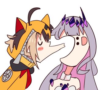 2girls :d alin_laphel blush_stickers brown_hair circlet colored_inner_hair commentary dodging english_commentary gigi_murin gigi_murin_(1st_costume) grey_hair hair_through_hood highres hololive hololive_english hood hood_up hooded_shrug koseki_bijou koseki_bijou_(1st_costume) long_hair long_sleeves looking_at_viewer maomao_evading_jinshi&#039;s_kiss_(meme) meme multicolored_hair multiple_girls open_mouth orange_shrug pink_hair profile puckered_lips shrug_(clothing) simple_background smile solid_circle_eyes standing toon_(style) twintails two-tone_hair upper_body virtual_youtuber white_background yuri zipper zipper_pull_tab
