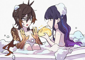 1boy 1girl absurdres antenna_hair bare_shoulders bath bathing bathtub blunt_bangs breasts brown_hair bubble c520gpss chinese_commentary collarbone colored_skin couple creature electricity from_side genshin_impact gradient_hair gradient_skin grey_background hands_up highres holding in_bathtub indoors knees_up large_breasts light_blush long_hair looking_at_another looking_down looking_to_the_side multicolored_eyes multicolored_hair multicolored_skin nude open_mouth raiden_shogun scared shade simple_background slime_(genshin_impact) streaked_hair surprised sweatdrop trembling two-tone_skin upper_body wavy_hair wet wide-eyed zhongli_(genshin_impact)