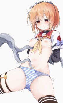 1girl absurdres between_breasts blonde_hair blush bound bound_arms breasts brown_hair character_request choppy_bangs clothes_lift commentary_request copyright_request cowboy_shot crotch_seam groping hairband highres layered_sleeves long_sleeves medium_breasts navel neckerchief nipples no_bra no_pants panties parted_lips red_sailor_collar sailor_collar shirt shirt_lift short_hair short_over_long_sleeves short_sleeves simple_background skindentation solo spread_legs stomach striped_clothes striped_hairband striped_panties takepoison tentacles thigh_strap underwear white_background white_shirt yellow_neckerchief