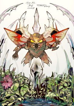 absurdres artist_name dated flower flying gen_1_pokemon highres looking_at_viewer mega_evolution mega_pinsir mega_pokemon nintendo no_humans pinsir plant pokemon pokemon_(creature) sukepmonster water yellow_eyes