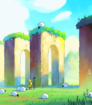 1other almirgusic animal arch artist_name blue_sky cloud day dirt field grass nature on_grass original outdoors plant scenery sheep shepherd signature sky standing