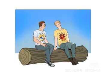 Rule 34 | 2boys, animal print, black shoes, blonde hair, blue background, blue pants, border, brown hair, brown shoes, closed mouth, commentary, contemporary, english commentary, full body, glasses, gradient background, kingdom come: deliverance ii, log, looking at another, male focus, multiple boys, nose, pants, parted lips, print shirt, profile, rabbit print, shirt, shoes, short hair, sitting, smile, sneakers, t-shirt, tworain w, watch, watermark, weibo username, weibo watermark, white border, white shirt, wristwatch, yellow shirt