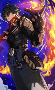 1boy absurdres ahoge belt black_belt black_gloves black_jacket blue_pants commentary eiri0335 fire gloves green_hair hair_over_one_eye highres holding holding_lighter jacket leather leather_jacket lighter lighter_(zenless_zone_zero) long_sleeves male_focus one_eye_covered pants parted_bangs parted_lips pouch red_scarf scarf short_hair smile smoke solo spiked_belt spiked_jacket spikes standing sunglasses thigh_pouch thigh_strap zenless_zone_zero