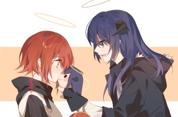 2girls absurdres arknights ayster black_jacket blue_hair character_doll chinese_commentary commentary_request doll exusiai_(arknights) hair_between_eyes halo hand_puppet highres hood hood_down horns jacket long_hair long_sleeves looking_at_another mostima_(arknights) multiple_girls object_kiss open_mouth profile puppet red_hair short_hair smile upper_body yuri