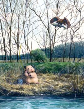 animal animal_focus bird bucket bush commentary_request day fishing fishing_line fishing_rod gotte hamster hawk highres holding holding_fishing_rod no_humans original outdoors river tree