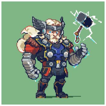 1boy armor beard blonde_facial_hair blonde_hair blue_eyes border commentary electricity facial_hair flea_alex full_body fur_trim gauntlets green_background hammer long_hair looking_to_the_side male_focus marvel marvel_rivals mature_male mjolnir_(marvel) muscular muscular_male pixel_art shin_guards solo thor_(marvel) thor_(marvel)_(series) white_border winged_headwear