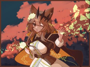 1girl animal_ears arknights belt_pouch black_jacket black_tiara border breasts brown_border brown_eyes brown_hair cat_ears cat_girl chinese_commentary commentary_request crossed_bangs diamond-shaped_pupils diamond_(shape) dress falling_leaves falling_petals flower hair_between_eyes hair_flower hair_ornament hair_vines hand_up highres jacket large_breasts leaf mu_lin_di one_eye_closed open_mouth orange_jacket petals pouch red_pupils solo symbol-shaped_pupils tiara tree twintails two-sided_fabric two-sided_jacket vendela_(arknights) white_dress