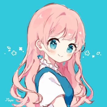 1girl aqua_background aqua_eyes aqua_vest artist_name blush_stickers closed_mouth collar collared_shirt commentary_request dot_nose earrings flower_earrings frilled_collar frills from_side highres ibispaint_(medium) jewelry long_hair looking_at_viewer looking_to_the_side napo_(napo_illust) original pink_hair shirt signature smile solo split_mouth turning_head upper_body vest wavy_hair white_shirt