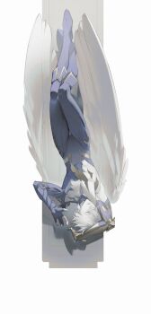 1boy angel_wings armor arms_up bare_pectorals boots closed_eyes commentary english_commentary full_body gloves highres honkai:_star_rail honkai_(series) kiraandfriends male_focus partially_fingerless_gloves pectorals phainon_(honkai:_star_rail) phainon_(khaslana)_(honkai:_star_rail) solo upside-down white_wings wings