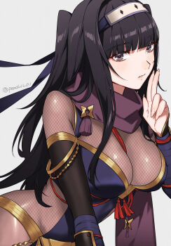 1girl between_breasts black_eyes black_hair blunt_bangs bodystocking breasts cleavage commentary_request female_focus fire_emblem fire_emblem_awakening fire_emblem_heroes fishnet_bodystocking fishnets grey_background hairband hand_up highres kuji-in large_breasts long_hair matching_hair/eyes ninja nintendo official_alternate_costume purple_scarf scarf shamu_(peach11_01) simple_background solo tharja_(fire_emblem) tharja_(ninja)_(fire_emblem) upper_body
