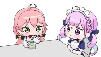 2girls ahoge blue_dress blue_hair blue_ribbon blush_stickers braid chair chibi closed_mouth commentary_request detached_sleeves dress green_eyes hair_between_eyes hair_ribbon highres hololive long_hair long_sleeves low_twintails maid_headdress minato_aqua minato_aqua_(1st_costume) mochimiko multicolored_hair multiple_girls official_alternate_costume on_chair pink_hair puffy_long_sleeves puffy_short_sleeves puffy_sleeves purple_eyes ribbon sakura_miko sakura_miko_(casual) shirt short_sleeves simple_background sitting streaked_hair sweat table twintails two-tone_hair very_long_hair virtual_youtuber wavy_mouth white_background white_shirt white_sleeves yurie_mouth