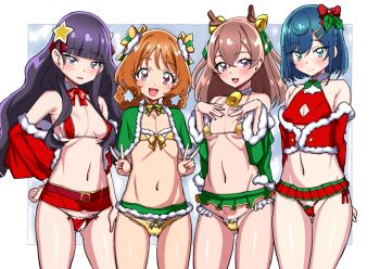 arms_behind_back asortofcolorfag bell bikini blue_eyes blue_hair blush breasts brown_hair cameltoe capelet closed_mouth commentary commentary_request cropped_jacket delicious_party_precure double_v english_commentary eyebrows_hidden_by_hair fake_antlers flat_chest fur-trimmed_capelet fur-trimmed_jacket fur_trim fuwa_kokone gluteal_fold gold_bikini gold_bra gold_panties green_skirt groin hair_ornament hair_rings hairclip hanamichi_ran hands_on_own_chest highres jacket kasai_amane large_variant_set lips long_hair looking_at_viewer medium_hair micro_panties microskirt mixed-language_commentary miyagoe_yoshitsuki nagomi_yui navel neck_bell open_mouth orange_hair panties precure purple_hair red_eyes red_panties red_skirt skirt small_breasts smile stomach swimsuit thigh_gap underwear v variant_set