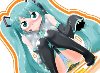 1girl black_boots black_skirt blue_eyes blue_hair blue_necktie blue_panties blush boots breasts cameltoe crotch_seam detached_sleeves embarrassed grey_shirt hair_ornament hatsune_miku headset ishikawakurando long_hair long_sleeves looking_at_viewer medium_breasts necktie panties pee peeing peeing_self puddle shirt skirt sleeveless sleeveless_shirt sleeves_past_wrists squatting tears thigh_boots twintails underwear vocaloid wet wet_clothes wet_panties white_background