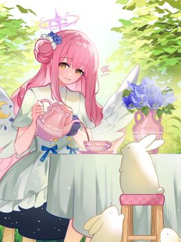 1girl angel_wings animal black_scrunchie blue_archive buttons closed_mouth commentary_request cup double-breasted dress feathered_wings flower gyuhwa hair_between_eyes hair_bun hair_flower hair_ornament highres holding holding_teapot long_hair looking_at_viewer low_wings mika_(blue_archive) pink_hair purple_flower rabbit scrunchie signature single_hair_bun single_side_bun smile solo teacup teapot vase white_dress white_rabbit_(animal) white_wings wings wrist_scrunchie yellow_eyes