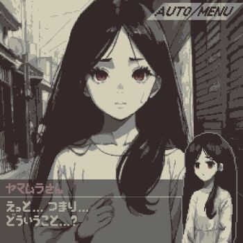 1girl alley black_hair closed_mouth daisen_(specialdaisen) dialogue_box dress limited_palette long_hair long_sleeves looking_at_viewer non-web_source original partially_colored red_eyes user_interface white_dress worried