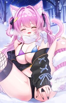 Rule 34 | 1girl, animal ears, bikini, black jacket, black panties, blush, breasts, cat ears, cat girl, cat tail, closed eyes, commentary request, fang, fish hair ornament, fishnet thighhighs, fishnets, hair intakes, hair ornament, highleg, highleg panties, highres, huge breasts, jacket, katsushika pachi, micro bikini, open mouth, original, panties, partially unzipped, pink hair, pink tail, scarf, single thighhigh, sitting, sleeves past wrists, snowing, solo, swimsuit, tail, thighhighs, underwear