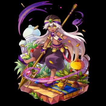 1girl black_background blush breasts coin dark-skinned_female dark_skin fingerless_gloves flat_chest full_body gloves hat highres holding holding_polearm holding_weapon long_hair merc_storia merc_storia_art_team motion_lines navel official_art open_mouth palace polearm purple_gloves purple_shoes purple_shorts rizunia_(merc_storia) shoes shorts simple_background solo standing standing_on_one_leg tachi-e teeth tree turban upper_teeth_only very_long_hair weapon white_hair yellow_eyes