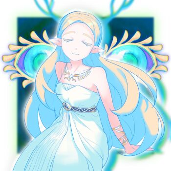 00bbb_lz 1girl aqua_eyes bare_shoulders blonde_hair blurry blurry_background border breasts closed_eyes closed_mouth colored_eyelashes commentary_request dragon_horns dress gold_bracer gold_necklace horns jewelry korean_commentary light_dragon_(zelda) light_smile long_dress long_hair medium_breasts necklace nintendo parted_bangs pointy_ears princess_zelda sitting solo strapless strapless_dress the_legend_of_zelda the_legend_of_zelda:_breath_of_the_wild the_legend_of_zelda:_tears_of_the_kingdom triforce white_border white_dress