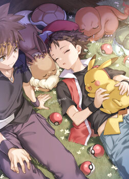 2boys 88_(einnimnech) absurdres black_shirt blue_oak brown_hair bulbasaur charmander closed_eyes collared_shirt commentary_request eevee gen_1_pokemon grass hand_on_own_leg hat highres lying male_focus multiple_boys nintendo on_back open_clothes open_vest pants pikachu poke_ball poke_ball_(basic) pokemon pokemon_(creature) pokemon_frlg red_(pokemon) red_hat red_vest shirt short_hair short_sleeves sitting sleeping spiked_hair squirtle t-shirt vest wristband