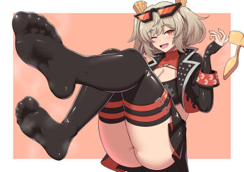 Rule 34 | 1girl, ass, blonde hair, breasts, burnice white, cleavage, eyewear on head, feet, foot focus, glasses, holding, holding shoes, holding unworn clothes, jacket, jkisaradu, legs, looking at viewer, one eye closed, open clothes, open jacket, open mouth, red eyes, shoes, short hair, simple background, sitting, skirt, soles, solo, steaming body, thighs, unworn shoes, zenless zone zero