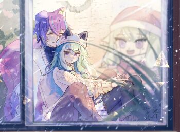 1boy 1girl absurdres animal_ear_headwear animal_ears black_pantyhose blue_eyes brown_pants cat_ears closed_eyes fake_animal_ears green_hair hair_between_eyes hashtag-only_commentary hat highres kamishiro_rui kusanagi_nene mocha033 multicolored_hair pants pantyhose pleated_skirt project_sekai purple_eyes purple_hair robot santa_costume santa_hat sitting_between_lap skirt snow streaked_hair sweater turtleneck turtleneck_sweater