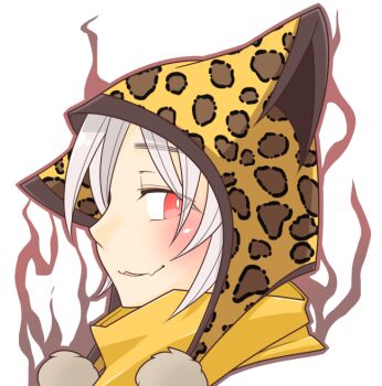 Rule 34 | 1boy, animal print, aura, commentary request, fang, hat, leopard print, looking at viewer, male focus, oekakipikki, open mouth, pom pom (clothes), portrait, ragnarok online, ranger (ragnarok online), red eyes, scarf, short hair, simple background, skin fang, smile, solo, white background, yellow hat, yellow scarf