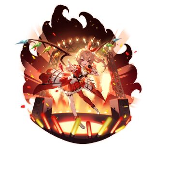 1girl alternate_costume blonde_hair boots collared_shirt confetti crystal crystal_wings flandre_scarlet game_cg glowstick highres holding holding_microphone idol idol_clothes jacket long_hair looking_at_viewer microphone multicolored_wings necktie non-web_source official_art one_side_up pantyhose pointing pointing_at_viewer puffy_short_sleeves puffy_sleeves red_eyes red_jacket red_pantyhose red_skirt second-party_source shirt short_sleeves single_leg_pantyhose skirt solo speaker stage touhou touhou_gensou_eclipse transparent_background u_u_zan white_boots white_shirt wings wrist_cuffs yellow_necktie