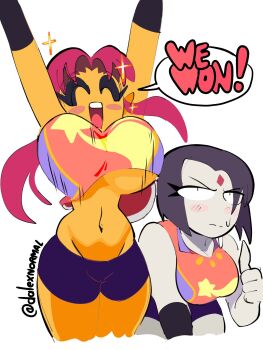 2girls bouncing_breasts breasts cape cleavage closed_eyes dc_comics dnormal11 english_text highres huge_breasts large_breasts long_hair multiple_girls purple_hair raven_(dc) red_hair short_hair starfire teen_titans underboob