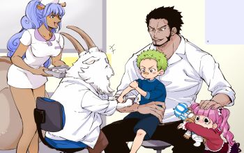 +++ 2girls 3boys ^_^ bandaid bandaid_on_face bandaid_on_nose beard black_hair black_pants blue_hair blunt_bangs chabo_(niwatori_bosori) child closed_eyes commentary_request dracule_mihawk dress facial_hair green_hair hand_on_another&#039;s_head hat highres holding holding_stuffed_toy holding_syringe kumacy miyagi_(one_piece) multiple_boys multiple_girls mustache one_piece pants perona pink_hair ponytail roronoa_zoro shirt short_dress short_hair sidelocks sitting smile squirrel_girl stuffed_animal stuffed_toy syringe tristan_(one_piece) twintails white_shirt yellow_eyes