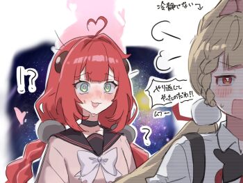 !? 2girls ahoge alice_thymefield animal_ears black_choker black_sailor_collar blonde_hair blush bow cardigan choker collared_shirt commentary_request hair_ornament head_steam heart heart_ahoge highres long_hair meme messy_hair multiple_girls nose_blush open_mouth orange_eyes pink_cardigan puff_of_air rabbit_ears rabbit_girl red_hair sailor_collar shirt smile space_cat_(meme) sphere_hair_ornament sweat sweatdrop ukinami_yuzuha uuaat7 white_shirt yuri zenless_zone_zero